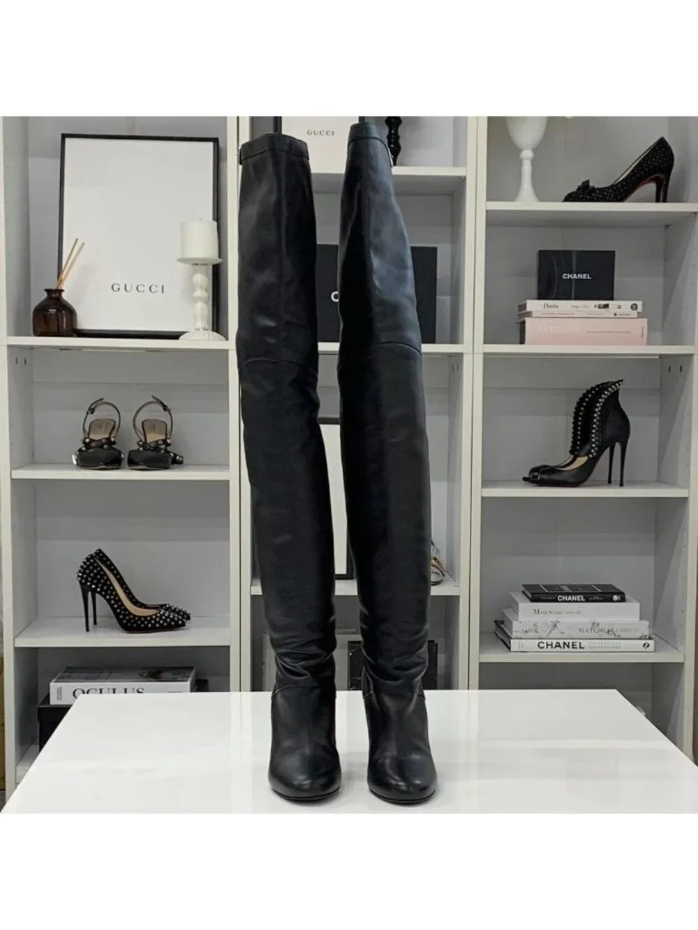 Hermes Leather Knee High Boots Long Black